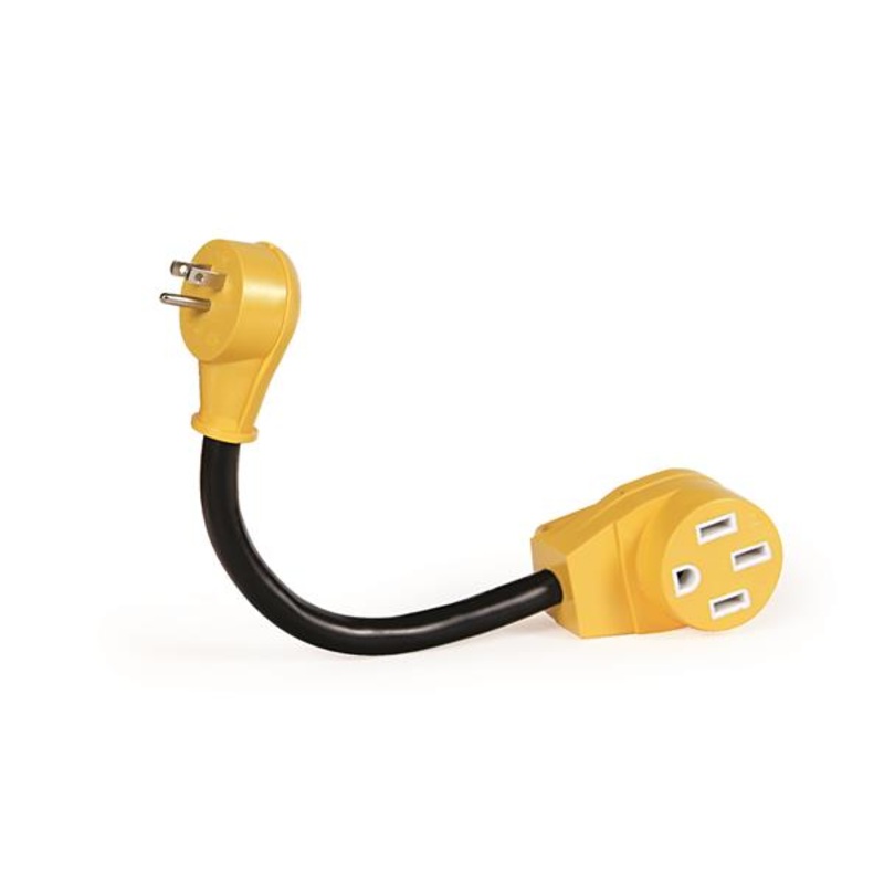 Camco Dogbone Electrical Adapter with Innovative 180 Bend PowerGrip Handle – 15 Amp Male to 50 Amp Female, 12
