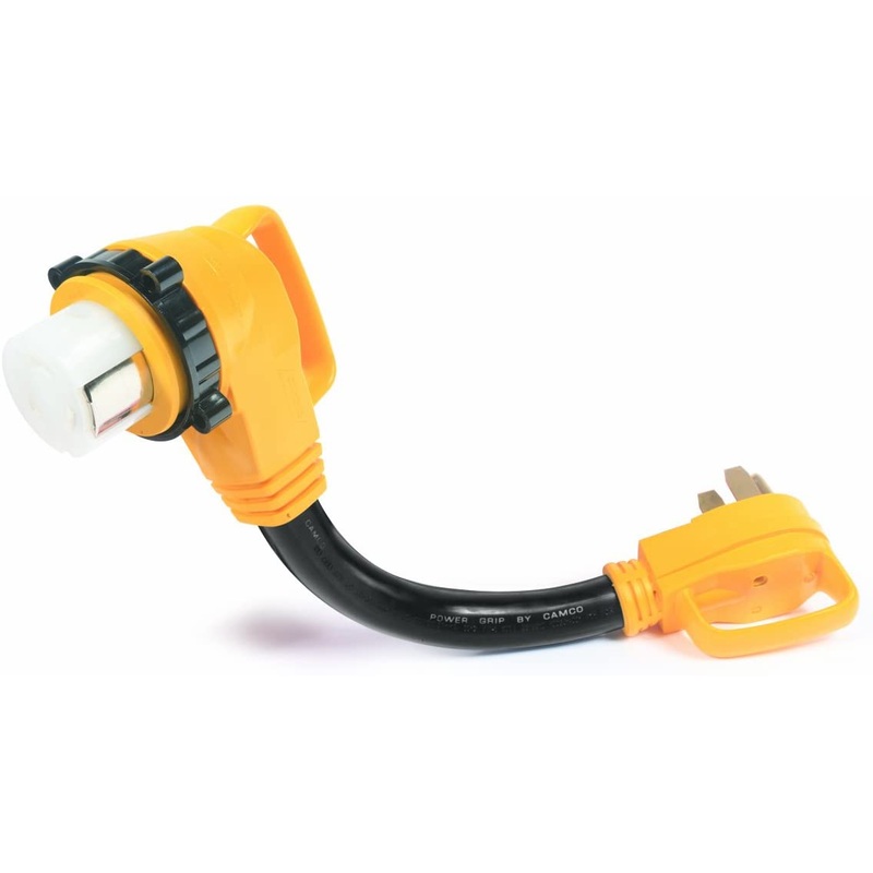 Camco Heavy Duty Locking Female PowerGrip Dogbone Adapter with 90 Degree Bend 50 AMP Standard Male / 50 AMP 18