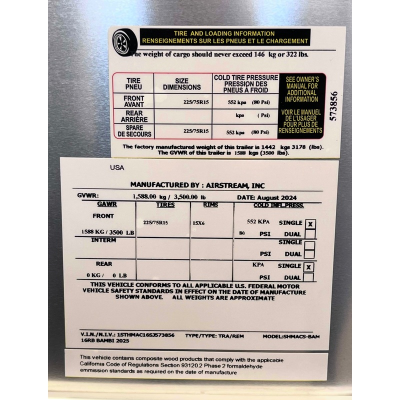 Airstream VIN and Tire Load Label – VIN LABEL