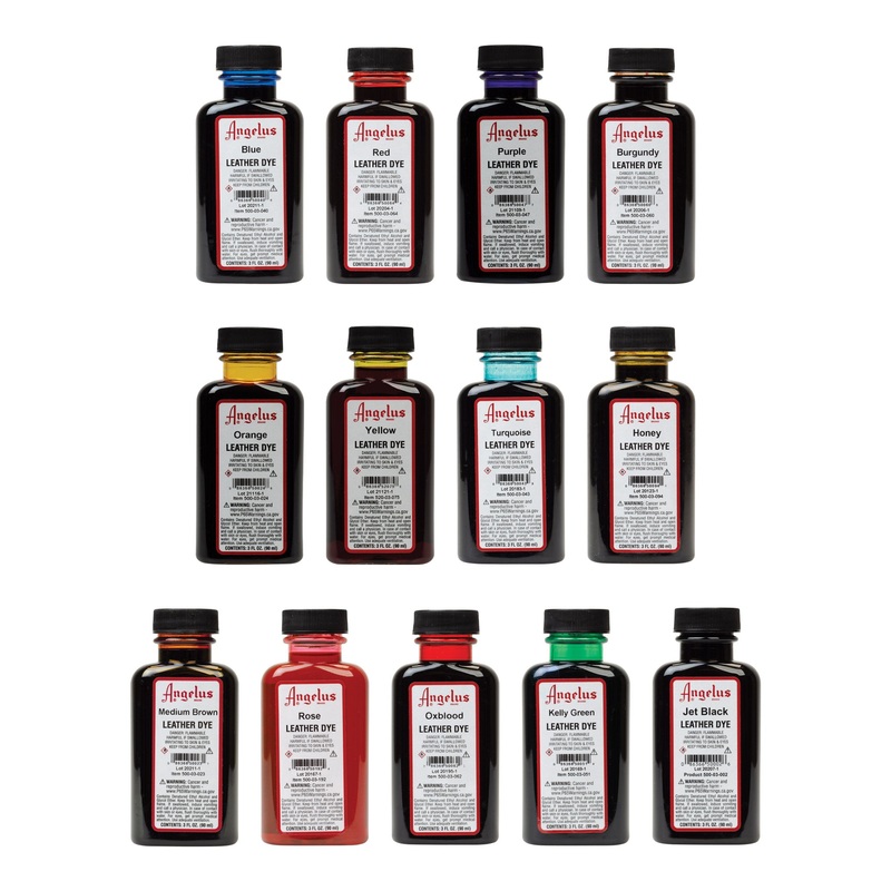 Angelus Leather Dye, 3 oz.|Blue|Red|Purple|Burgundy|Orange|Yellow|Turquoise|Honey|Medium Brown|Rose|Oxblood|Kelly Green|Jet Black|3 Ounce