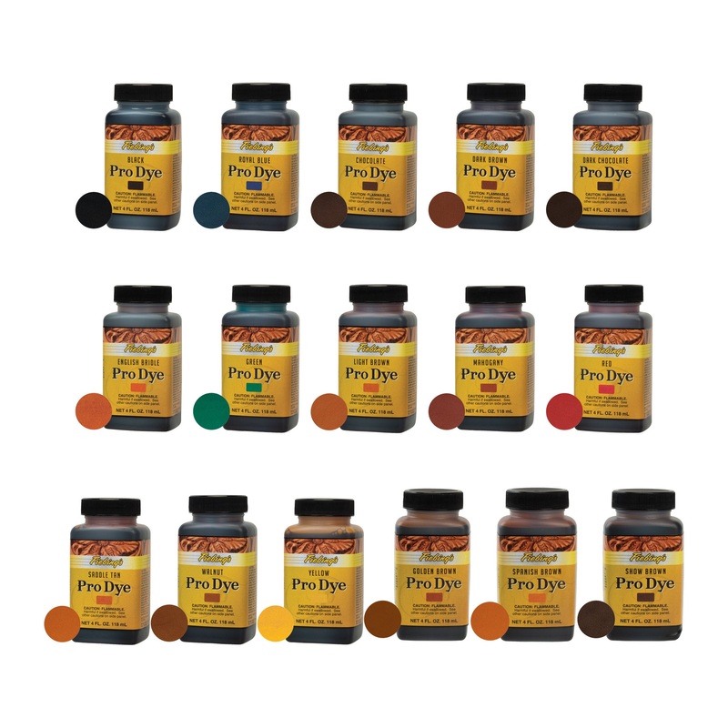 Fiebing’s Pro Dye,  4 oz|Black|Royal Blue|Chocolate|Dark Brown|Dark Chocolate|English Bridle|Green|Light Brown|Mahogany|Red|Saddle Tan|Walnut|Yellow|Golden Brown|Spanish Brown|Show Brown