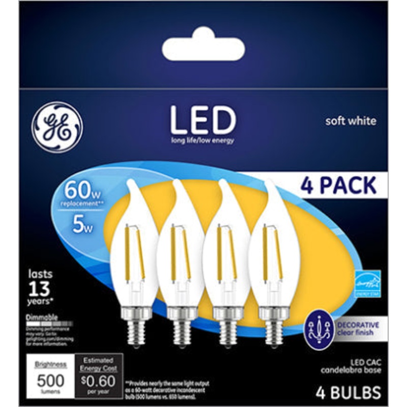 5W CANDELABRA 60W SW LED CLR 4PK