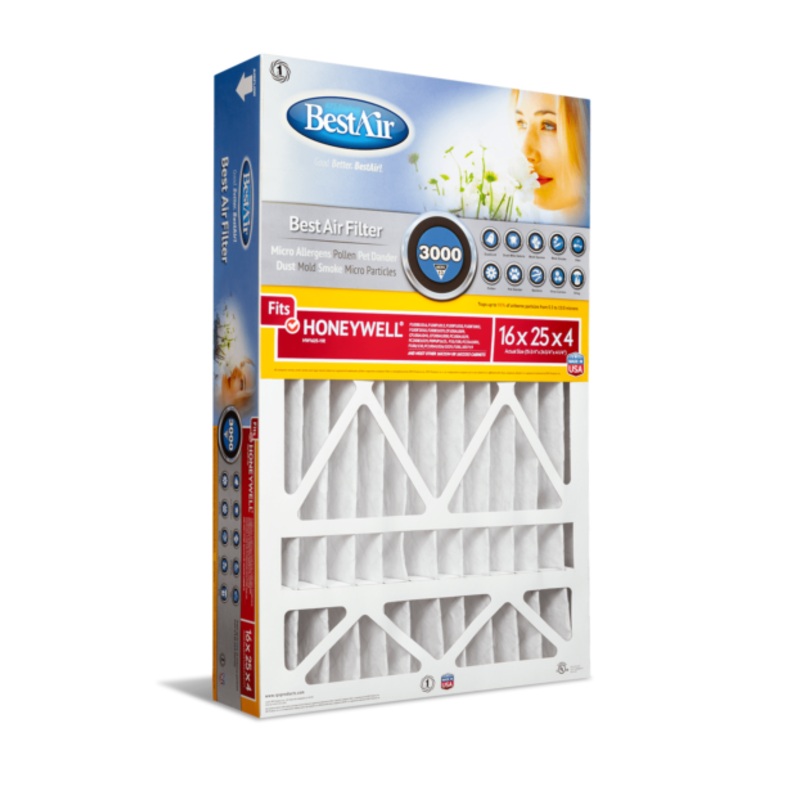 BestAir 16 x 25 x 4, Air Cleaning Furnace Filter, MERV 13, Removes Allergens & Contaminants, For Honeywell Models