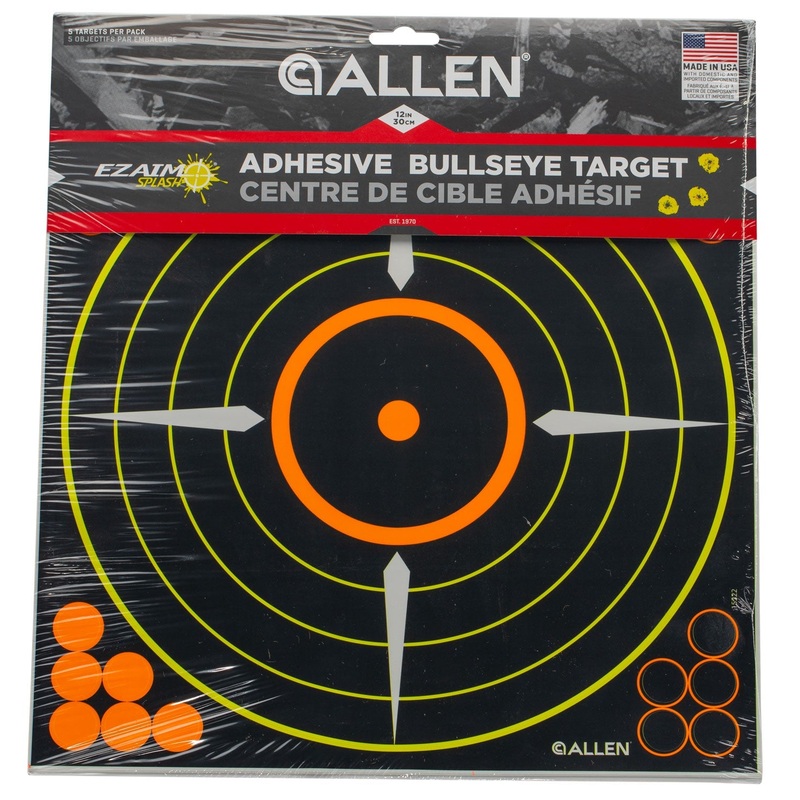 Allen 15222 EZ Aim Splash  Self-Adhesive Paper 12 x 12 Bullseye Black Target Paper w/Yellow, Orange, & White Accents 5 Per Pack