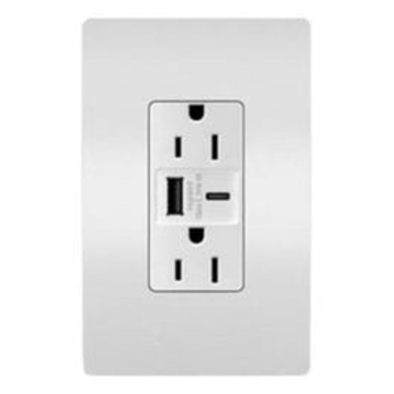 USB Charger Wall Plate With Duplex Outlet, Type A/C, White, 6.0A, 15-Amp